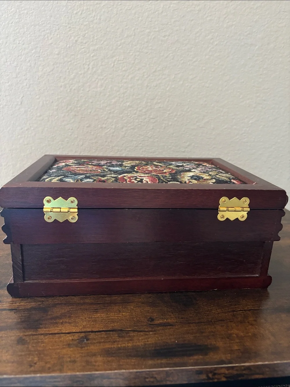 Vintage Wooden Jewelry Box Floral Needlepoint Tapestry Top Brown Burgundy